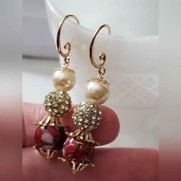 Antique Miriam Haskell Frank Hess cloisonne pave disco ball pearl earrings vtg - Picture 9 of 16